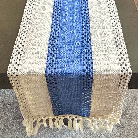 2 Styles Farmhouse Cottage Sage Green Beige Blue Woven Tasseled 72" Table Runner - Picture 5 of 10